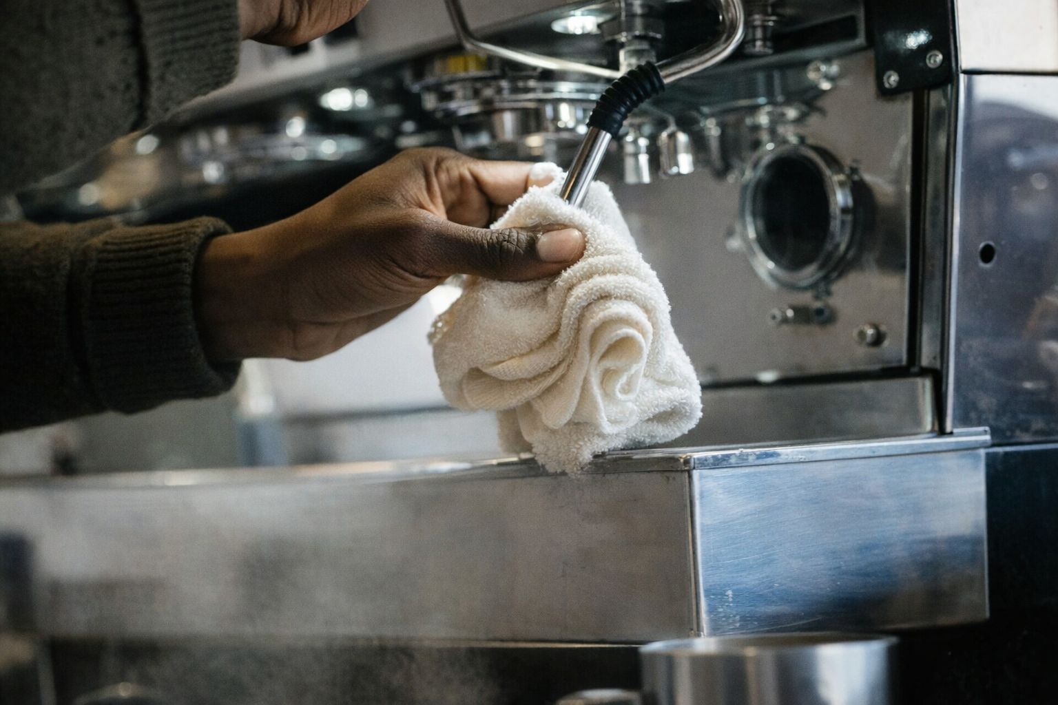 Hand torkar ångstav på espressomaskin – rutinmässig rengöring i kök
